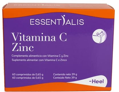 Essentialis Vitamina C Zinc, Complemento Alimenticio con Vitamina C y Zinc – Ideal para tu sistema inmune – 60 comprimidos veganos-Sin aditivos artificiales – Niños 500 mg y adultos 500mg - 1000mg
