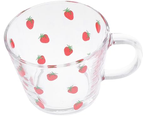 LIFKOME Strawberry Glass Water Cup Measurement Scale 350ml Lovely Breakfast Drinking Cup Glass Suitable for Cold Milk and Beverage