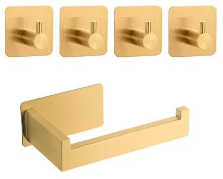 Portarotolo carta igienica autoadesivo, senza foratura, in acciaio inox con 4 ganci adesivi, porta asciugamani, porta carta igienica per bagno oro