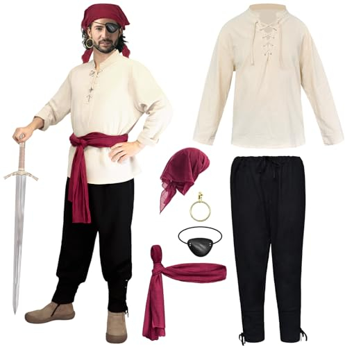 6-teiliges Halloween-Piraten-Set für Herren, Renaissance-Kostüm, Hemd, Knöchelriemen, Hose, Kopftuch, Gürtel, Mittelalter Wikinger