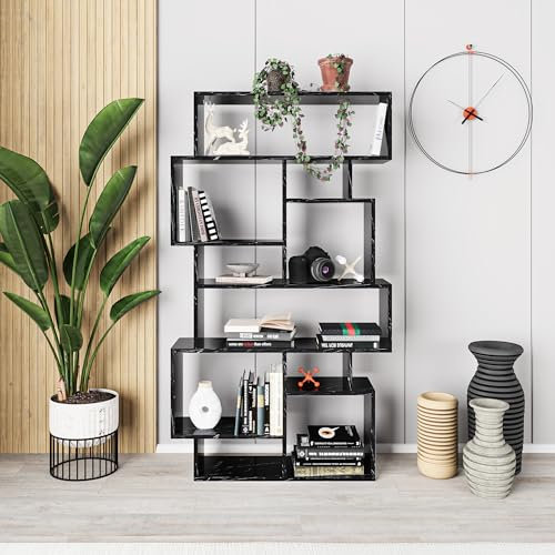 HOCUS PICUS Hocuspicus Karmato Holz Bücherregal | Modernes Standregal mit 6 Etagen für Schlafzimmer, Arbeitszimmer, Büro, Wohnzimmer | einfache Montage | 96 x 26 x 169 cm | Schwar Marmoreffekt