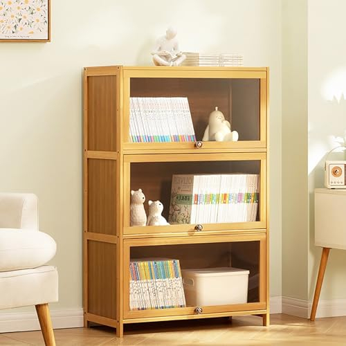 Vitrine mit Acryl-Schranktür,Curio-Schrank,Sammlervitrine Stehend Standvitrine Glasvitrine,natürlicher Bambusrahmen Flip-Schranktür-Design,versiegelt und staubdicht,mehrere Größen 3th-70*32*106CM E