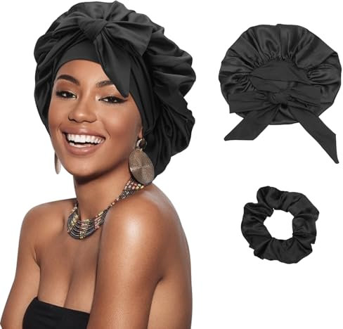 DRESHOW Cuffia di Seta per Dormire con Treccia di Raso e Fascia Elastica - Cuffia da Notte per Capelli Ricci e Locs
