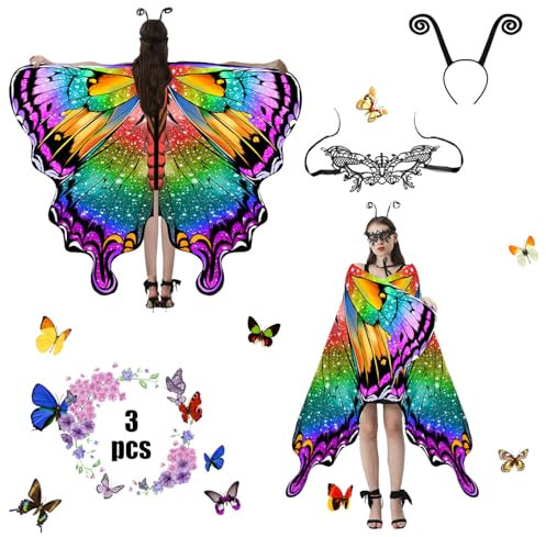 Jeackcelle Butterfly Costume Women's Halloween Costume Cape, Fairy Wings Fancy Dress Butterfly Wings Ladies Carnival Costume for Halloween Carnival Party Cosplay Dancing (Colorful)