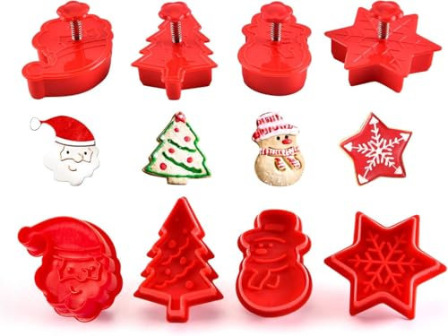 GWHOLE Christmas Cookie Cutter Set,4 PCS Plastic Christmas Biscuit Cutters Christmas Tree Santa Claus Snowflake Snowman Shape Cookie Cutter for Christmas Baking
