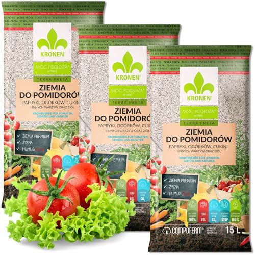 KRONEN MOC PODŁOŻA Erde für Gemüse, Gemüsepflanzen, Tomaten - 3er Set - 45L - torffrei - Tomatenerde mit Dünger - Universalerde für Paprika, Gurken, Zucchini, Tomatenpflanzen - Gemüseerde