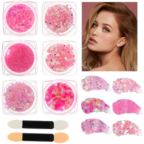 6 Styles Face Glitter Gel Pink Face Hair Glitters Holographic Body Glitter Gel Paint Mix Glitter Makeup Glitter Eyeshadow for Face Body Hair Nail Lip Festival Party
