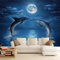 Papier Peint Panoramique Imprimé Les Animaux Au Clair Lune Les Dauphins, Murales Décor à la Maison 250 x 175 cm, Papier Peint Intissé Mural Bleu