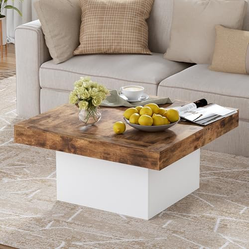 Couchtisch Quadratisch mit LED für Wohnzimmer, Sofatisch Beistelltisch Moderner Laptoptisch Wohnzimmertisch Mitteltisch 90 x 90 x 45CM LED-Couchtische mit 32 Farben Leuchten(Rustikales Braun+weiß)