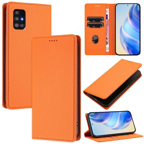 DENDICO Handyhülle für Samsung Galaxy A51 4G Hülle, PU Leder Klapphülle mit RFID-Blockierung, Stoßfeste Magnetische Schutzhülle für Samsung A51 4G, Orange