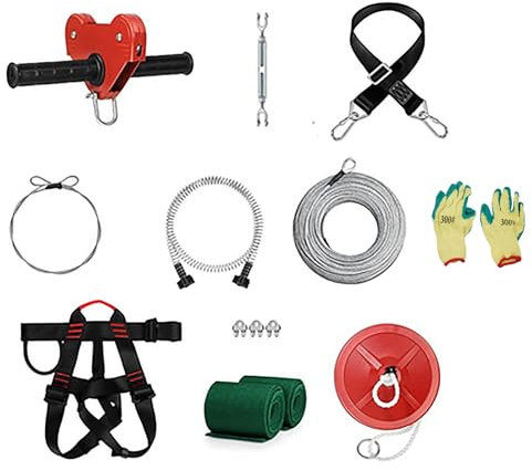 Zip Line Kit for Kids, 48.8m Main Cable Length, Zip Wire Kit with 1.6m Stainless Steel Spring Brake, 1.4m Sling Cable, Seat and Iron Trolley, Garden Recreation Facilities, Up to 330 lb