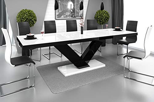 Design Esstisch HE-999 Weiß Hochglanz/Schwarz Hochglanz ausziehbar 160 cm bis 256 cm Esszimmertisch für bis zu 10 Personen Hochglanz Funktionstisch modern vielseitig Esszimmer erweiterbar zeitlos