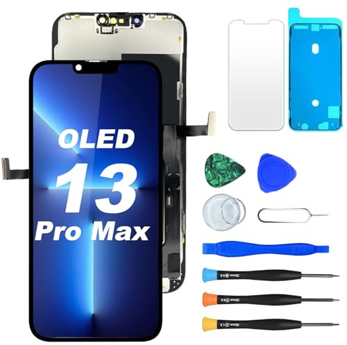 DIGI4U Display für iPhone 13 Pro Max OLED 6.7 Zoll Bildschirm Ersatz True Tone COF Display Digitizer Assembly mit Reparaturwerkzeug, Displayschutz und wasserfestem Kleber