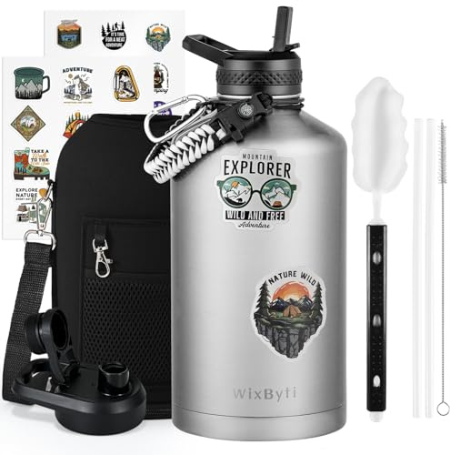 WixByti 3.8L Insulated Water Bottle, Triple Wall Vacuum Stainless Steel | (Cold 48 Hrs), Triple Wall Vacuum, Leak-proof & Non-BPA, Large Sports Water Bottle with Straw Spout Lids & Paracord Handle