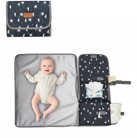Cozary Wickelunterlage, Wickelunterlage Unterwegs, Kompakte Faltbar Abnehmbarer Baby Windeltasche mit 3 Fächern, Wickel Organizer Unterwegs mit Tuchspender für Baby 0-5M