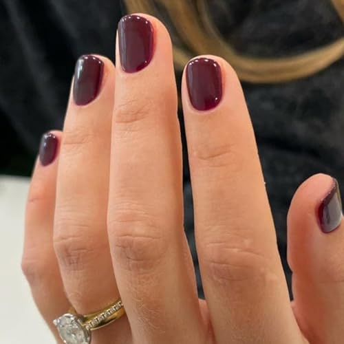Press on Nails Short,Square False Nails,24pcs Wine Red French Fake Nails with Glue,12 Sizes Glossy Cherry Stick on Nail-s Full Cover French Tip False Nail for Women and Girls