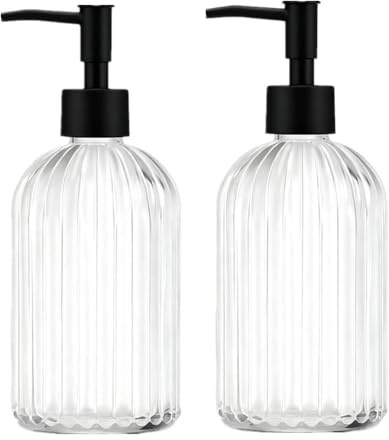 TRIXES Ribbed Glass Soap Dispenser & Hand Lotion Bottles, 2-Pack, 400ml with Matte Black Pump, with Silicone Funnel for Kitchen and Bathroom