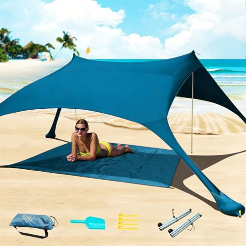 Cuupo strandtält, popup, 2 x 2,1 m, SPF 50, lycra, solskydd, för utomhusbruk, anti-vind, solskydd med stabilitetsstänger, bakgård med strandfilt blågrön