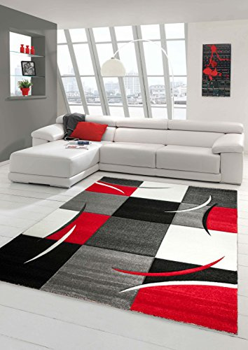 Designer Teppich Moderner Wohnzimmer Kurzflor Mit Konturenschnitt Karo Muster Rot Grau Weiß Schwarz Größe 60x110 cm