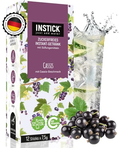 INSTICK Zuckerfreies Instant-Getränk (Cassis) - 1 Packung für 12 x 1,5-2,5 L - Veganes Getränkepulver Kalorienarm & Vitamin C - Instant-Pulver