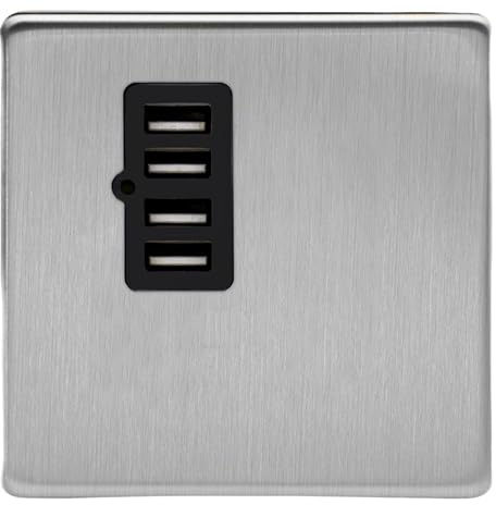 Varilight Quad USB Charger - Screwless Brushed Steel With Black Insert, XDSU4BS