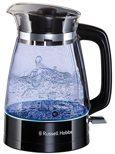 Russell Hobbs Hervidor de Agua Eléctrico Glass Classic - 1,7 litros, 2400 W, Diseño en Cristal Inspirado en lo Artesanal, Iluminación Azul, Detalles en Acero Inoxidable, Negro - 26080-70