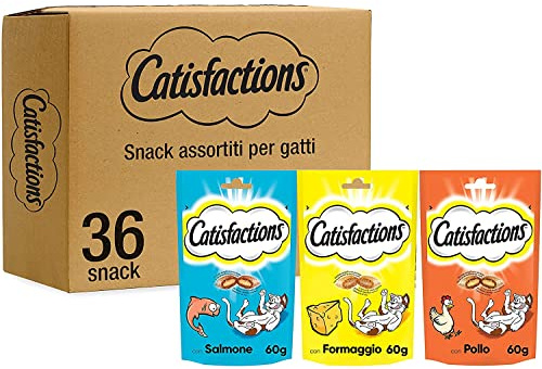 Catisfactions Snack Assortito per Gatto, Cassa Mista 3 Gusti, 36 Unità