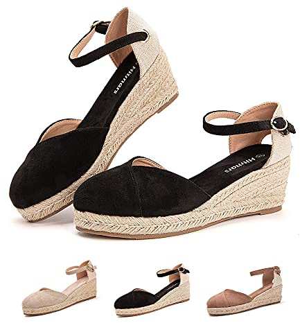 Hitmars Plateau Sandalen Damen Espadrilles mit Keilabsatz Keilsandalen Absatz Espandrillos Sommer Frauen Schuhe Geschlossene 1 Schwarz 42 EU