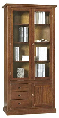 Mar.c.a. Design, Vitrina Salon, Libreria Estanteria Madera, Nogal - Mueble Salón con Cajones, Estantes y 2 Puertas de Vidrio, Estilo Clásico - Mueble para Varios Ambientes 90x41x186H - Made in Italy