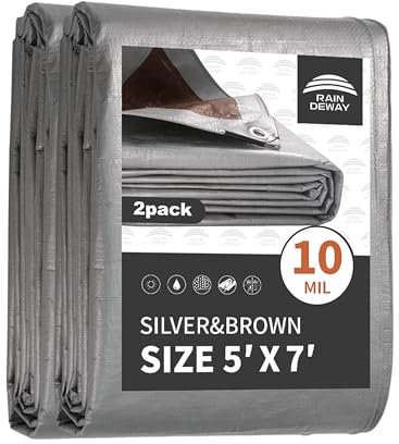 Raindeway - Lona resistente e impermeable de 5 x 7 pies (paquete de 2), cubierta de lona pequeña multiusos de 10 mm con ojales de metal y bordes reforzados, lona plateada y marrón