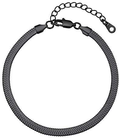 Bestyle Fußkette Basic Schlangenkettchen 316L Edelstahl Sommer Accessoire für Frauen Mädchen Ankle Chain breite 5mm Verstellbare 22+5cm Schwarz