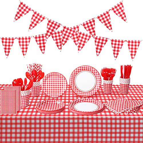 205 Pcs Party Supplies for 25 Guest Checkered Plaid Tablecloth Pennant Banner Plate Cup Napkin Cutlery and Straw for Birthday Party Family Dinner Picnic BBQ Birthday Party Decoration (Red and White)
