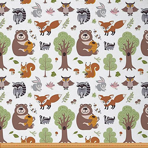 Tierstoff Meterware Eule Bär Fuchs Möbelstoff Cartoon Kaninchen Dekorationsstoff Baumblatt Pilz Drinnen Draußen Stoff Pflanzen und Tierwelt Wasserdichter Stoff Grün Braun 92 x 150 (HxB)
