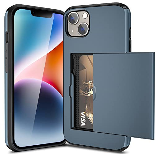 ACOCOBUY for iPhone 14 Plus Case with Card Holder Sliding Cover Hidden Pocket IDs Credit Cards Slot Heavy Duty Shockproof Protective Dual Layer Wallet Phone Cover Back Shell for Men Women 6.7 Navy