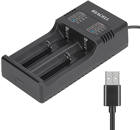 REACELL 18650 Battery Charger, Universal Fast Dual Charge Battery Charger for 3.7V/3.6V Li-ion Rechargeable Batteries 18650 18500 18490 18350 17670 17500 16340(RCR123) 14500 26650 22650 with USB Cable