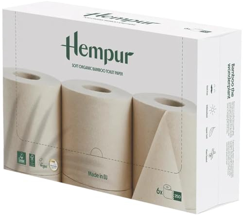 Hempur Lot de 6 rouleaux de 250 feuilles de papier toilette en bambou double épaisseur ultra doux, durable, non blanchi, sans produits chimiques ni pesticides, fabriqué en Union Européenne