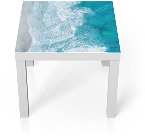 DEQORI Glastisch | weiß klein 55x55 cm | Motiv Meeresbrandung von Oben | ausgefallener Beistelltisch aus Glas | Hochglanz Couchtisch fürs Wohnzimmer | moderner Couch Tisch mit Design