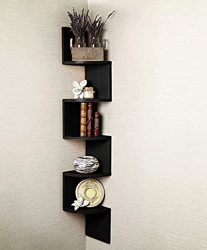 Homme Concept – Black 5 Tier Corner Shelf, Wall Mount Floating Shelves, Wall Shelves, Zig Zag Display Storage Organiser Shelving Unit, Bookcase Bookshelf for Living Room Bedroom Bathroom Home Office