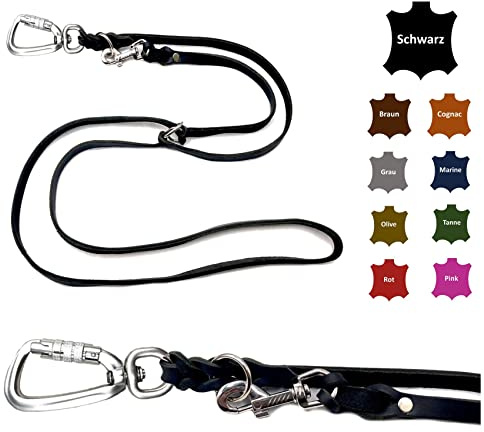 Hundeleine Fettleder mit Sicherheitshaken + Edelstahlringe/Hundeleine große Hunde/Hundeleine Leder bis 100Kg (Schwarz, 2,80m)