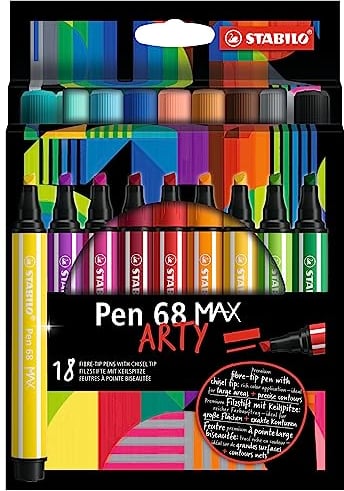 STABILO Pen 68 MAX ARTY - Feutre dessin - Etui carton x 18 feutres de coloriage à pointe biseautée
