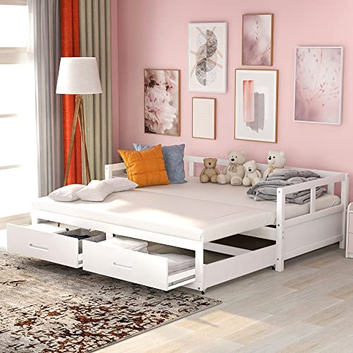 Azkoeesy Sofá Cama Extensible con 2 cajones, 200 x 90-180 cm, Convertible en Cama de Matrimonio, con somier y Espacio de almacenaje, Madera de Pino, Color Blanco, sin colchón