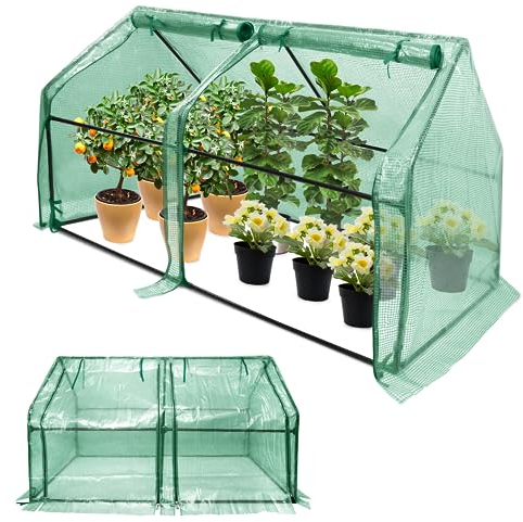 Froadp Serra piccola casetta per pomodori in HDPE da 140 g/m² e struttura in ferro, 180 x 90 x 90 cm, con 2 porte a rotelle per giardini, balconi, terrazze, cortili e cortili (rivestimento verde