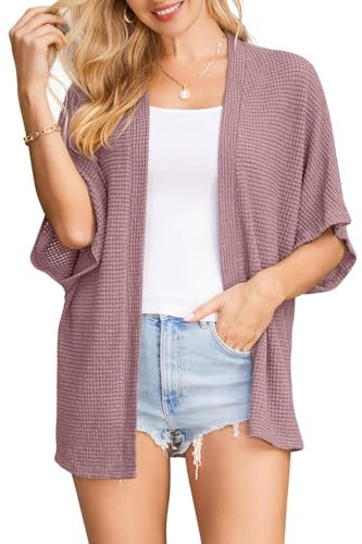 STYLEWORD Strickjacke Damen Kurzarm Sommer Cardigan Strand Cover Up Kimono Leichter Strickmantel(Rosa Lila,M)