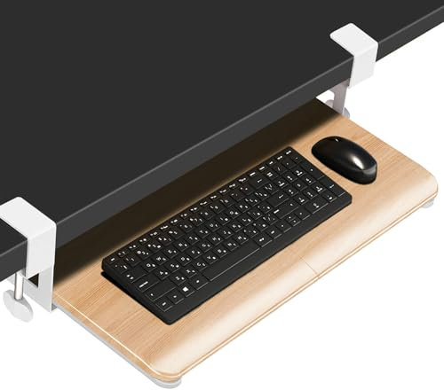 CALASK Desktop Keyboard Tray, Under Desk Pull Out, 25.6 X 11.8 Large Size Keyboard Tray with C-Clip Mount, Easy Installation, Computer Keyboard Stand, for Home Study and Office(Wood)