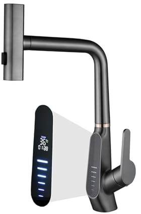 Robinet de Cuisine Extractible, 3 Modes de Débit D'eau, Cascade, Affichage Numérique LED, Pivotant à 360° Mitigeur Cuisine Robinet, Mitigeur Cuisine à Poignée Unique, 59A Cuivre(Gun Gray)