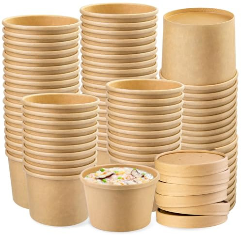 Fniiva 75​Pack Disposable Soup Cups, 8 oz Disposable Kraft Paper Bowls with Vented Lids, Paper Soup Cups, Kraft Paper Containers for Food, Paper Food Cups for Dessert Soup Ice Cream