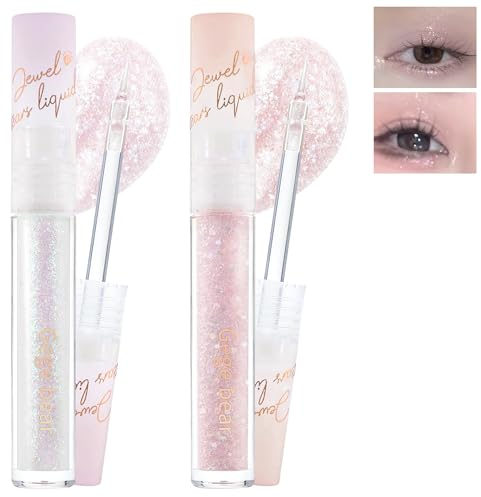 2 Pcs Flüssiges Glitzer Lidschatten, Diamond Lidschatten & Glitter Flüssig Eyeliner Set zum Aufhellen der Augen, Schimmer Highlight Metallic Liquid Eyeshadow, Glitzer Augen-Make-up für Frauen-03+04
