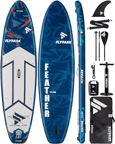 Flypark Aufblasbares Stand-Up-Paddle-Board, 27,9 x 86,4 cm, sehr stabil, breites SUP für 2 Personen/Familie/große Größe mit Schultergurt, großer 100-Liter-Rucksack, doppelte Bungees zum Angeln,
