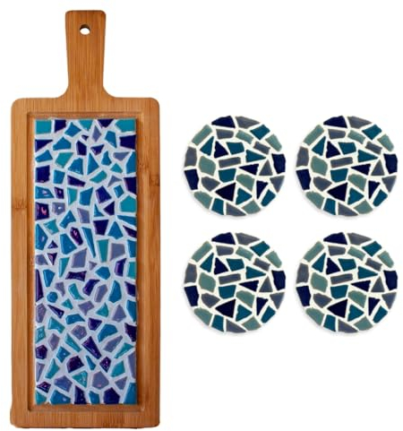 Little Creations - DIY Mosaik Bastelset Erwachsene Blau | 1x Servierplatte & 4x Untersetzter | Komplettes Set aus Mosaiksteinen und Holz | Selbst gestalten und basteln