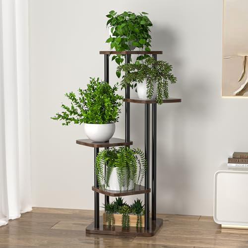 Infant Shining 5-Tier Plant Stand Indoor Tall Metal Corner Shelf for Multiple Plants, Plant Shelf Suitable for Garden, Balcony, Living Room, Bedroom (5 Tier-Walnut&Black)
